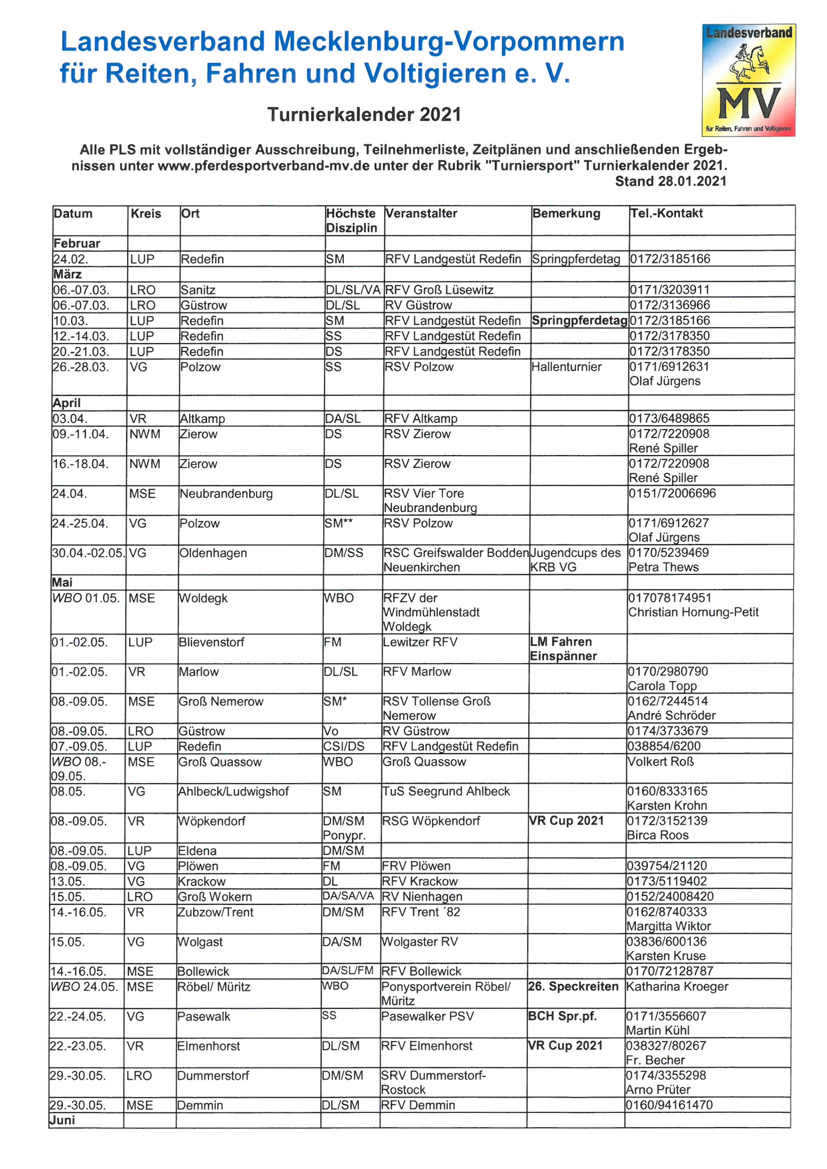 Turnierkalender 2021 – Sportverband